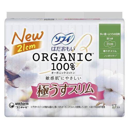Unicharm Sofy Hadaomoi Organic Cotton 100% Thin Wing 21cm 17 Sheets